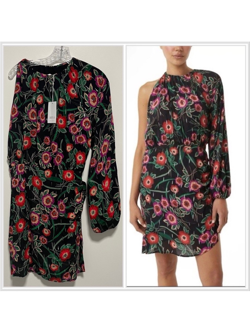 Misa Los Angeles Black One-Shoulder Floral Mini Dress with Red & Pink Flowers